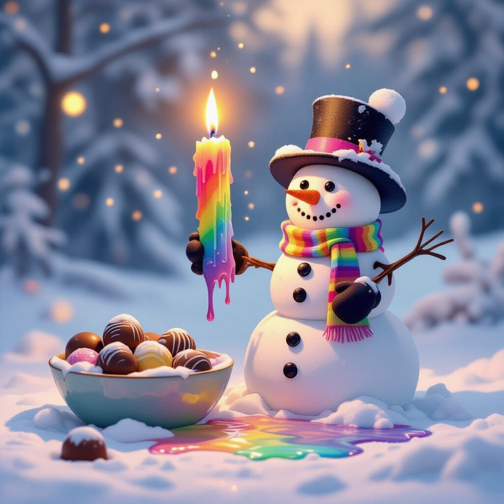Melting Snowman with Rainbow Candle, Surreal Dreamscape