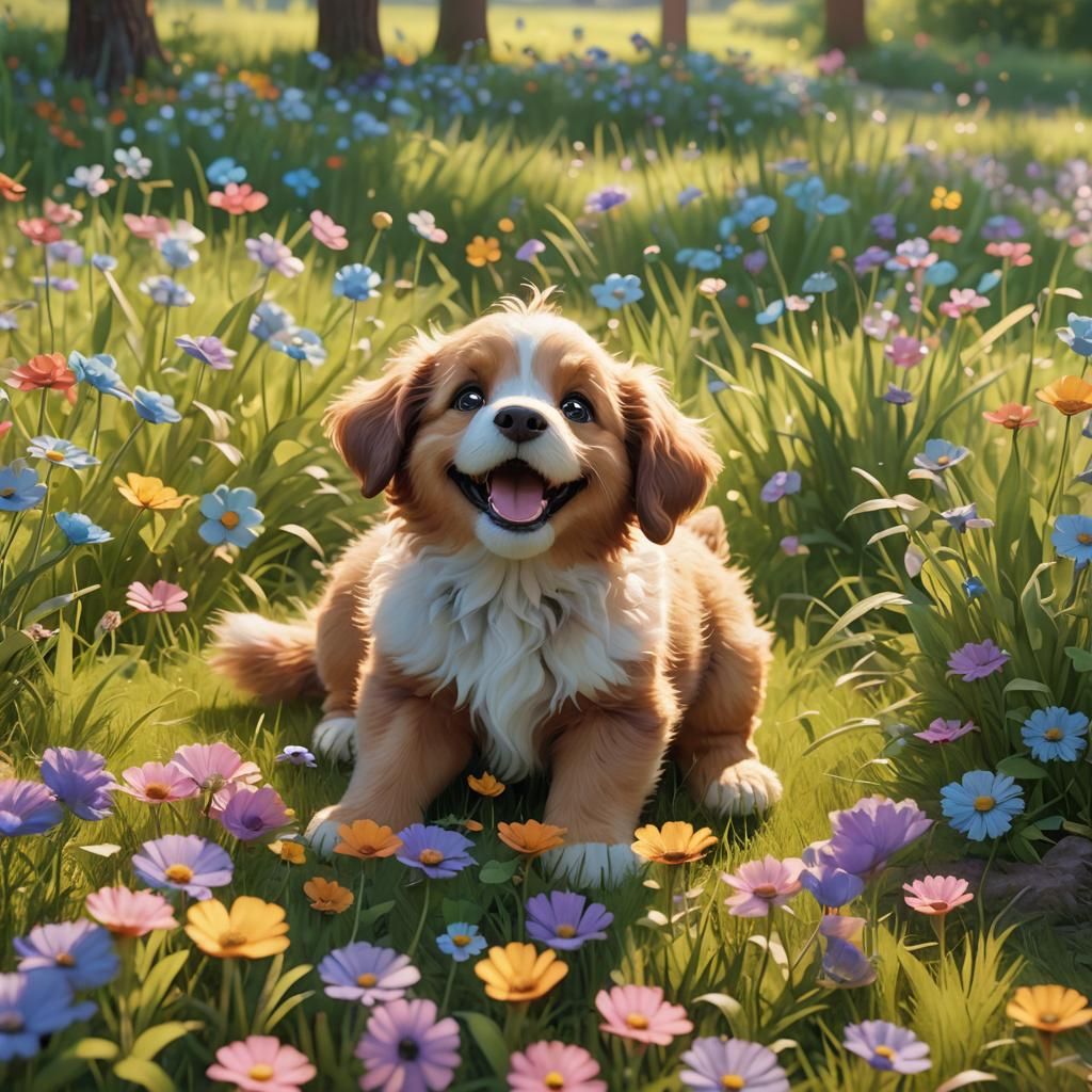 Smiling Puppy's Sunny Meadow: Pixar-Style 3D Animation