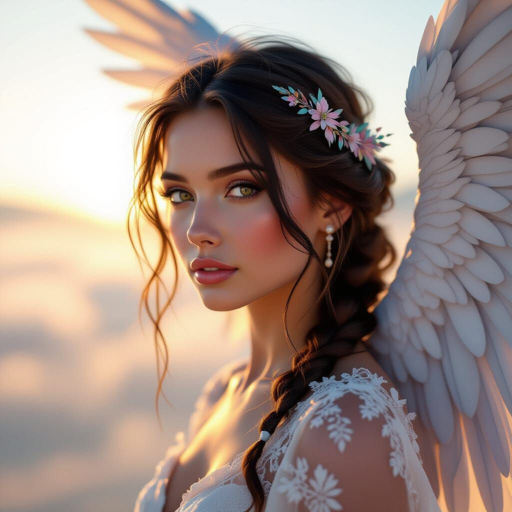 Ethereal Angel in Misty Sunlight: Fantasy Concept Art