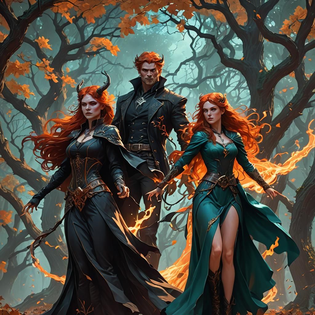 Soulmates: Demon Witch and Vampire in Art Nouveau Style