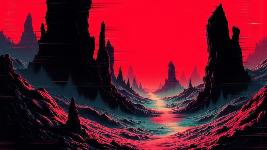 Surreal Landscape with Fragmenting Skies in Glitch Retro Sty...