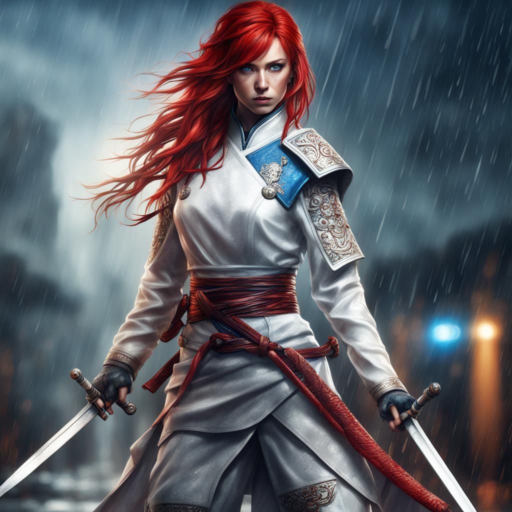 Beautiful Red-Haired Ninja Woman in the Rain