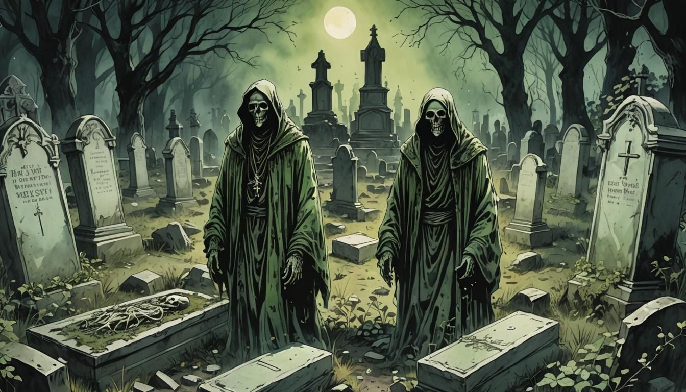 Ethereal Horror Art: Ghost in Overgrown Graveyard