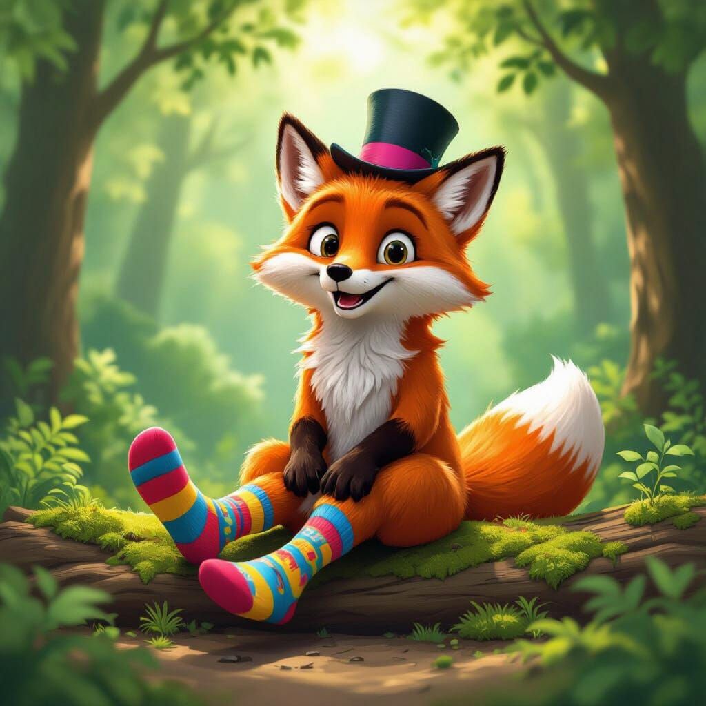 Whimsical Fox in Patterned Socks and Top Hat