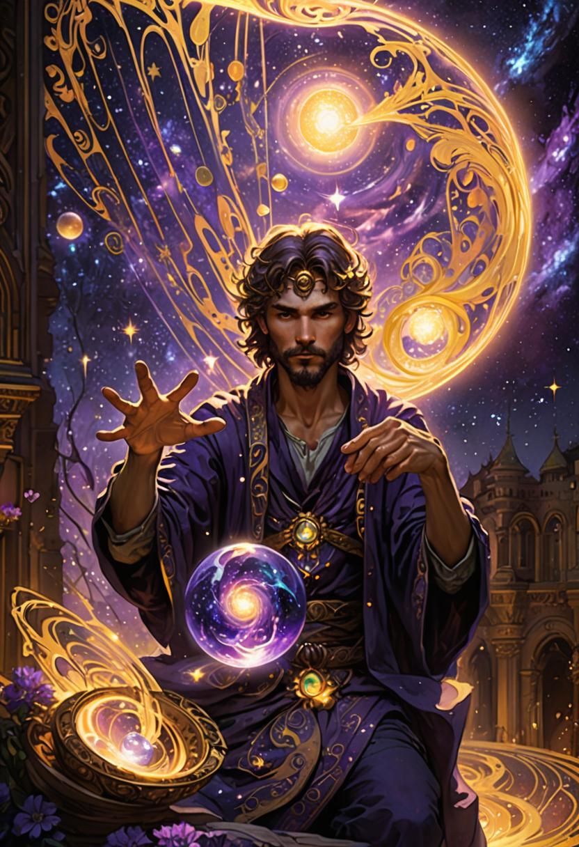 Man Holds Galaxy Orb in Dark Fantasy Art