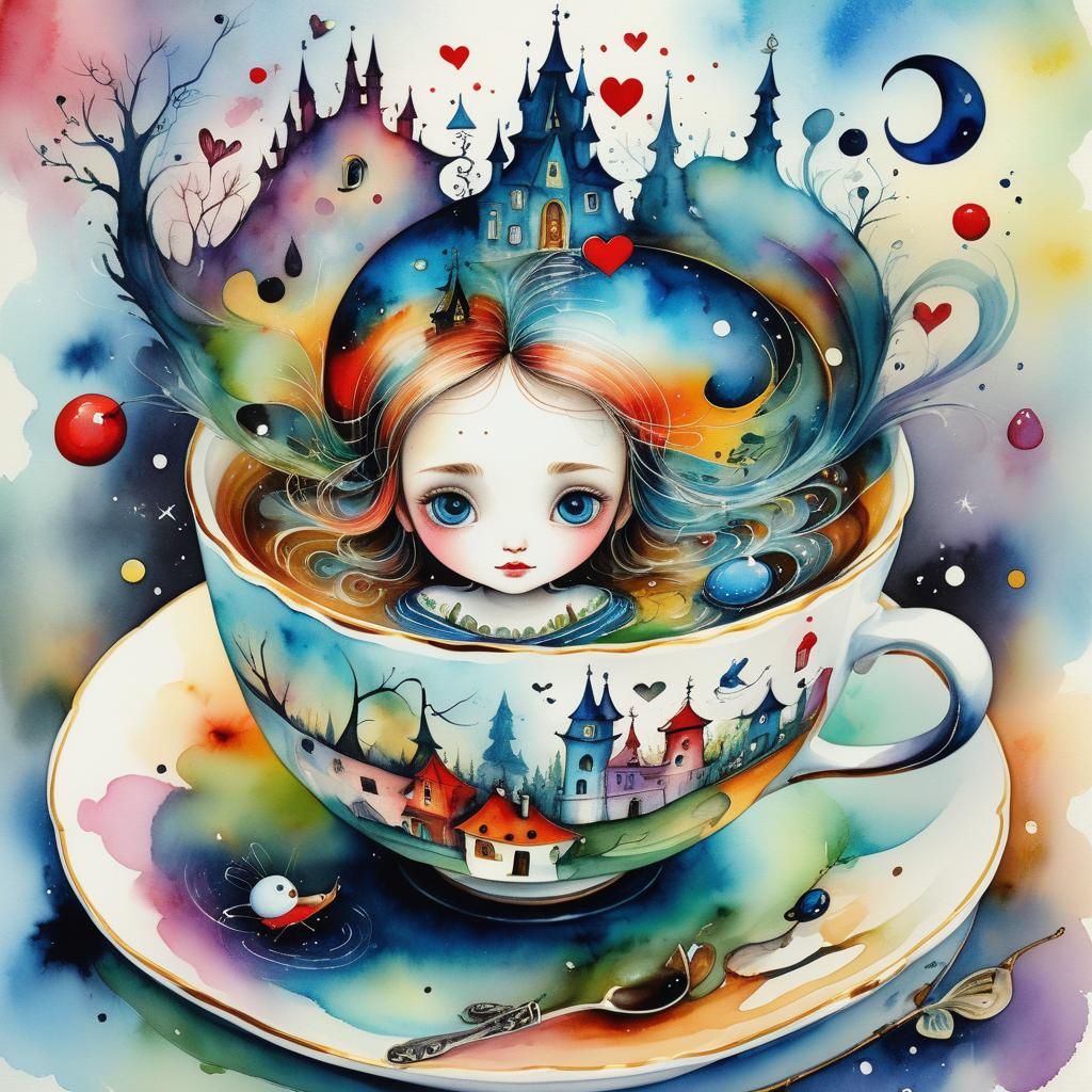Fairy Realm in Teacup: Surreal Watercolor Portrait