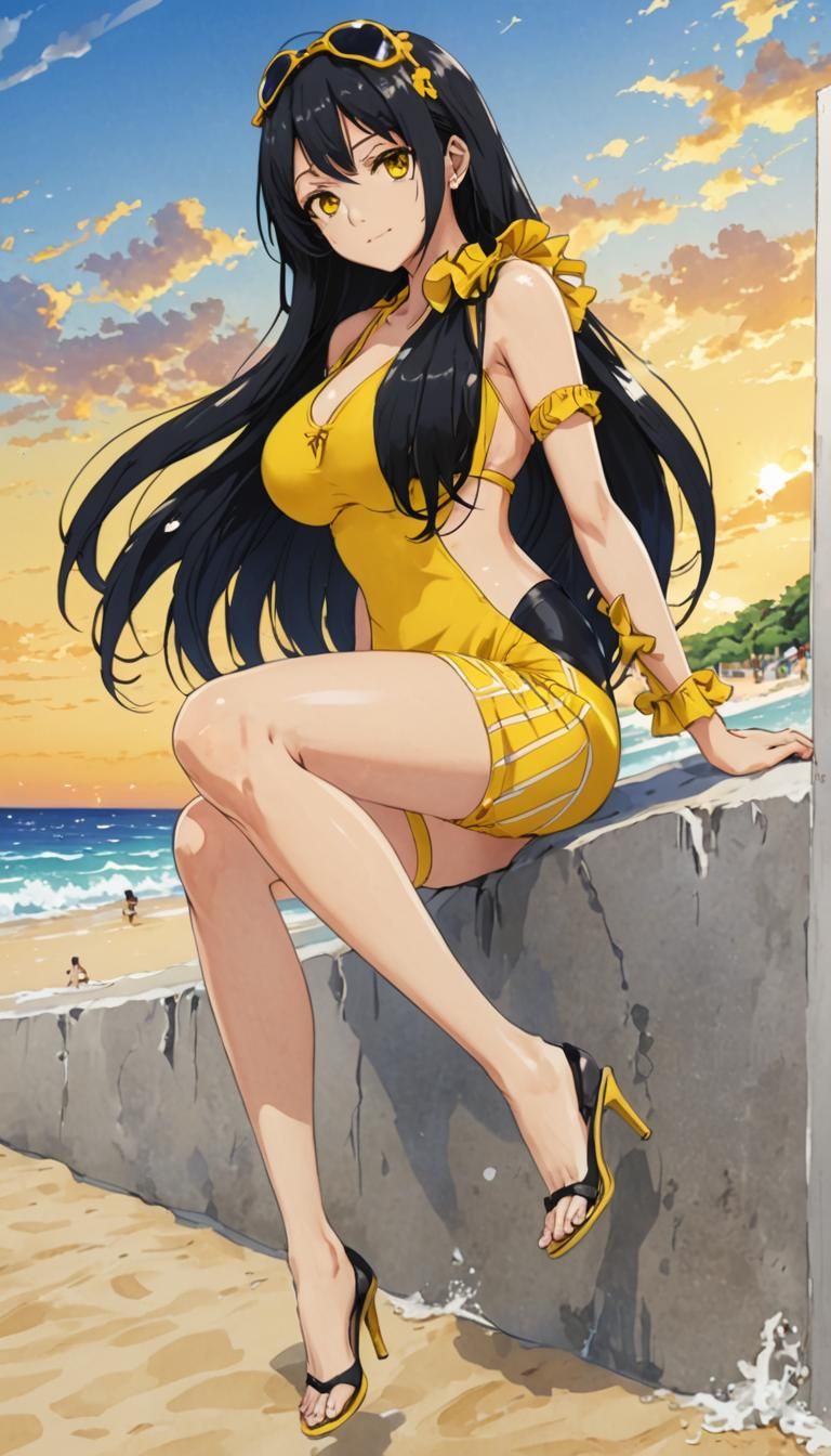 Beautiful Anime Girl at Beach in Bright Yellow Swimsuit