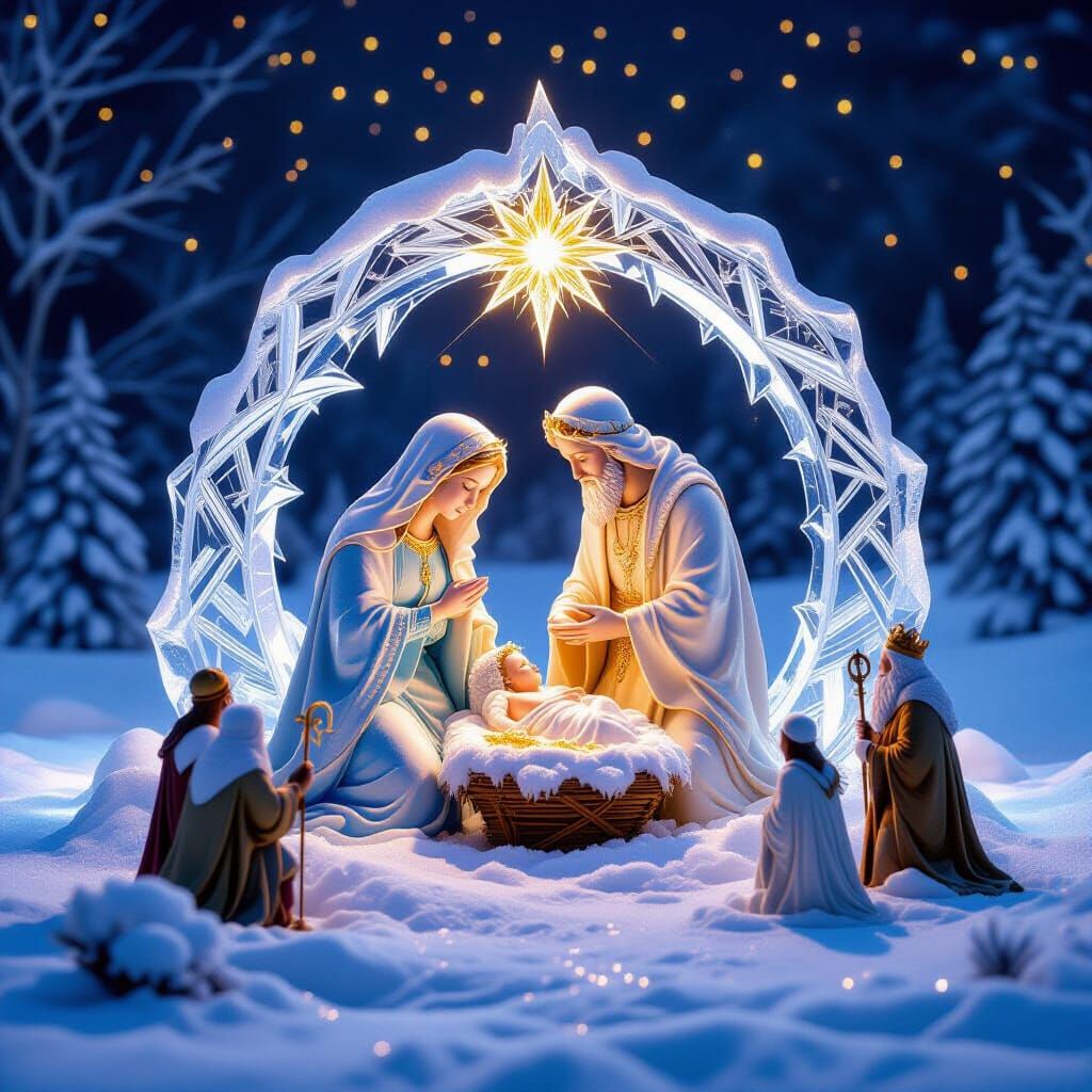 Ice Crystal Nativity Scene in Snowy Landscape