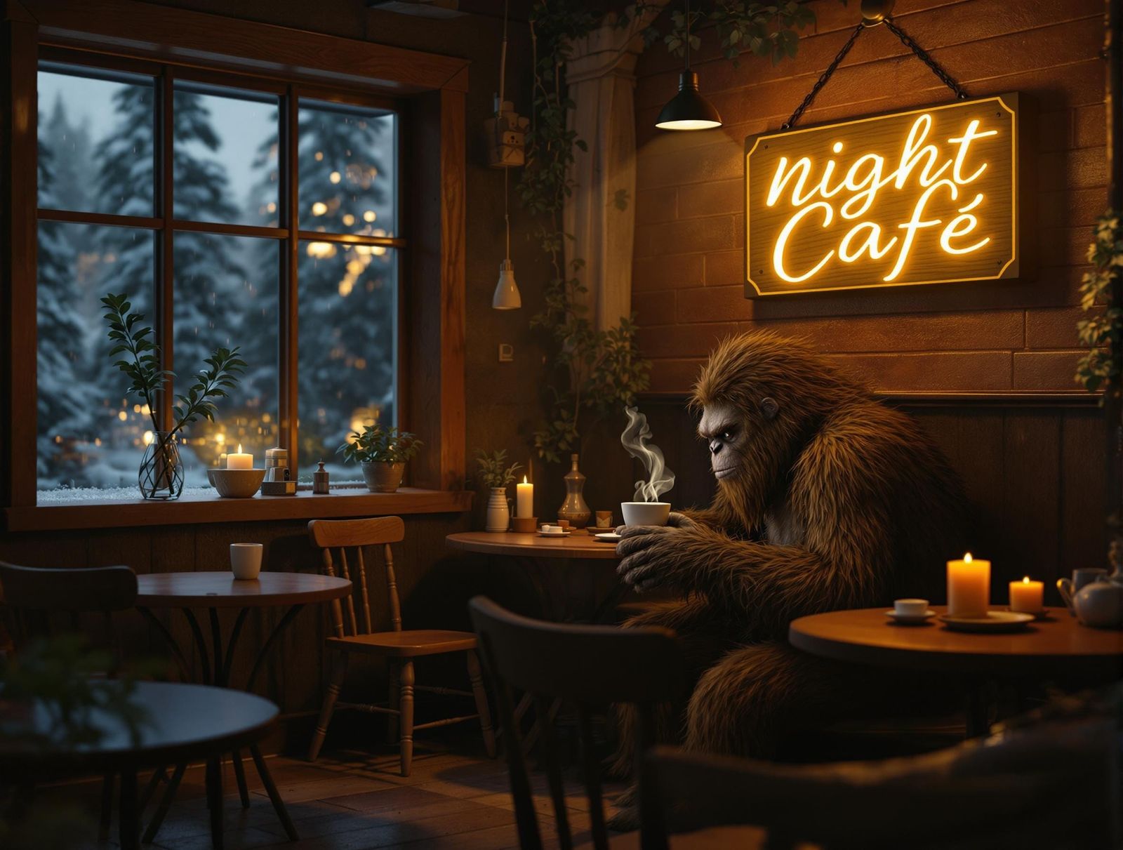 Cosy Stop-Motion Night Café Scene with Sasquatch