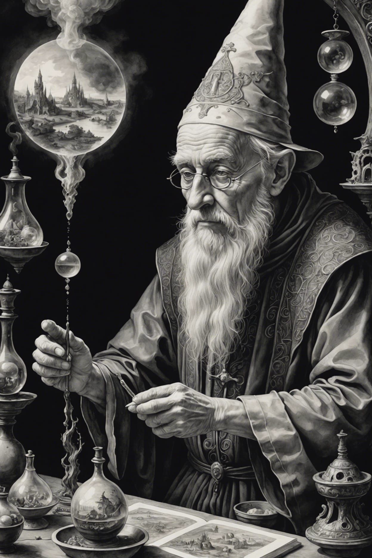 Elderly Mage Portrait in Grotesque Monochromatic Style