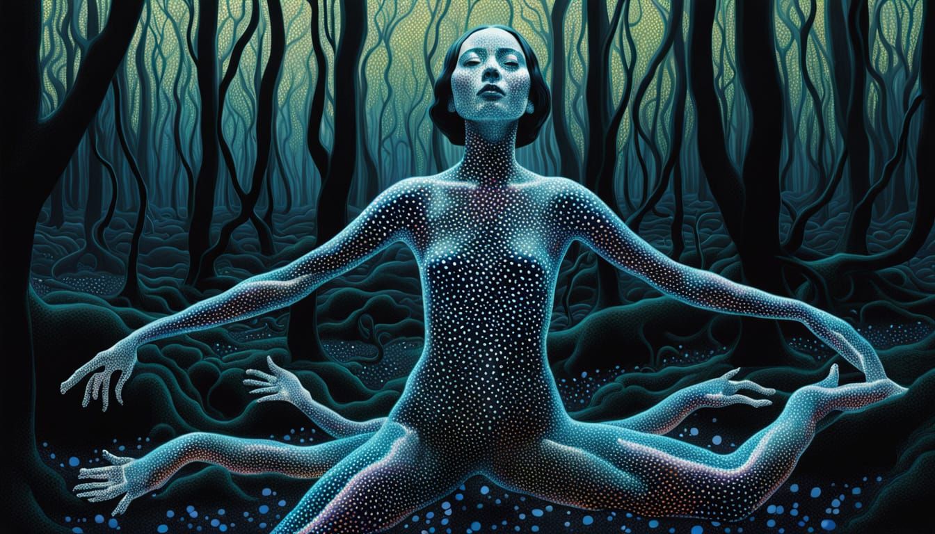 Ethereal Iridescent Goddess Rises from Whimsical Forest