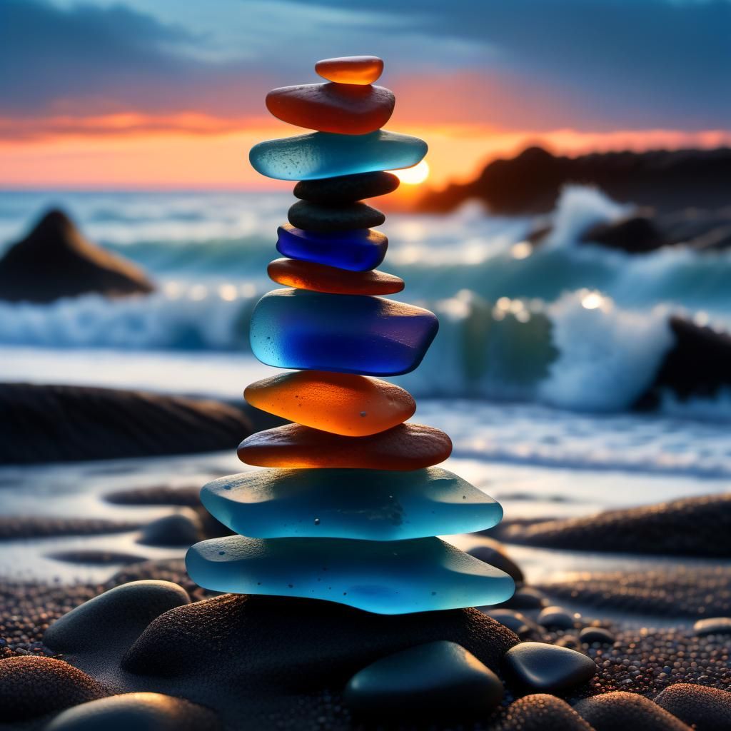 Balanced Blue Sea Glass Tower at Sunset