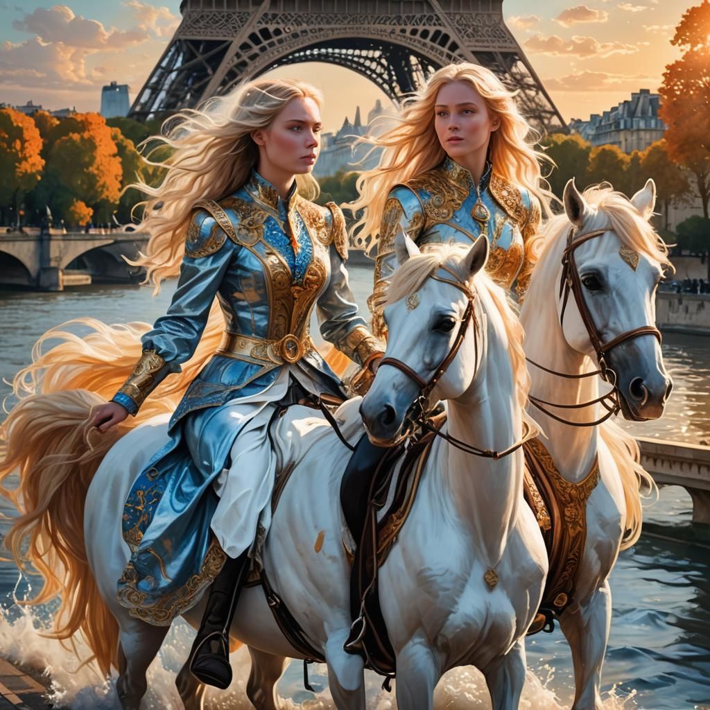 Women Ride Horses by Eiffel Tower: Fantasy Art