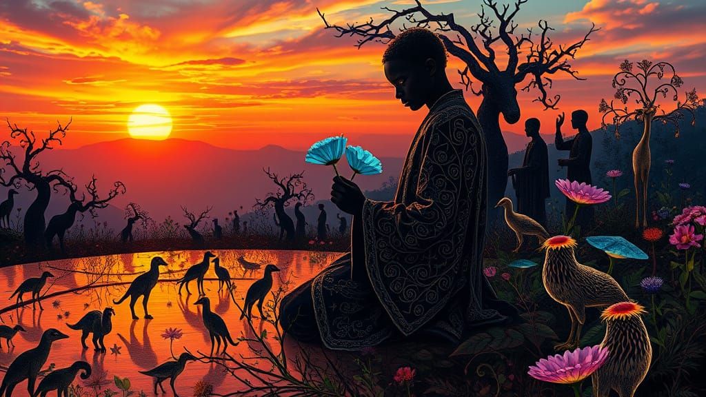 Mystical Realm Collage in Vibrant Sunset with Cosmic Surreal...