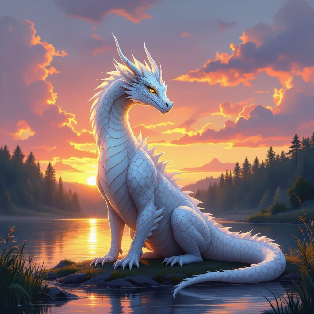 Majestic White Dragon at Sunset by Lake, Fantasy Art