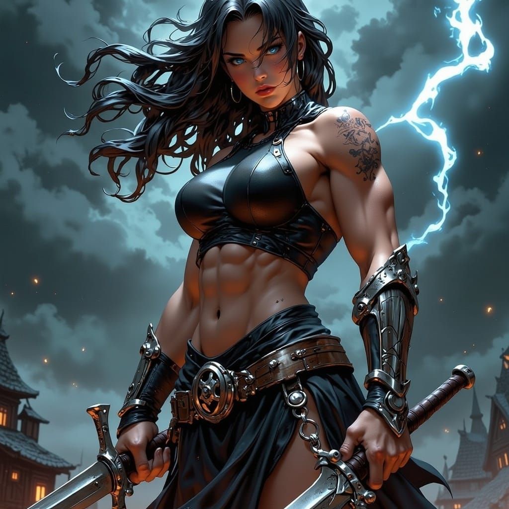Fierce Warrior Woman in Stormy Battle