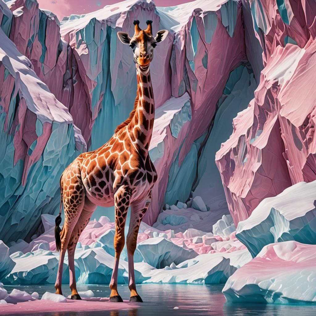 Pink Giraffe in Antarctica: Surreal Oil Painting