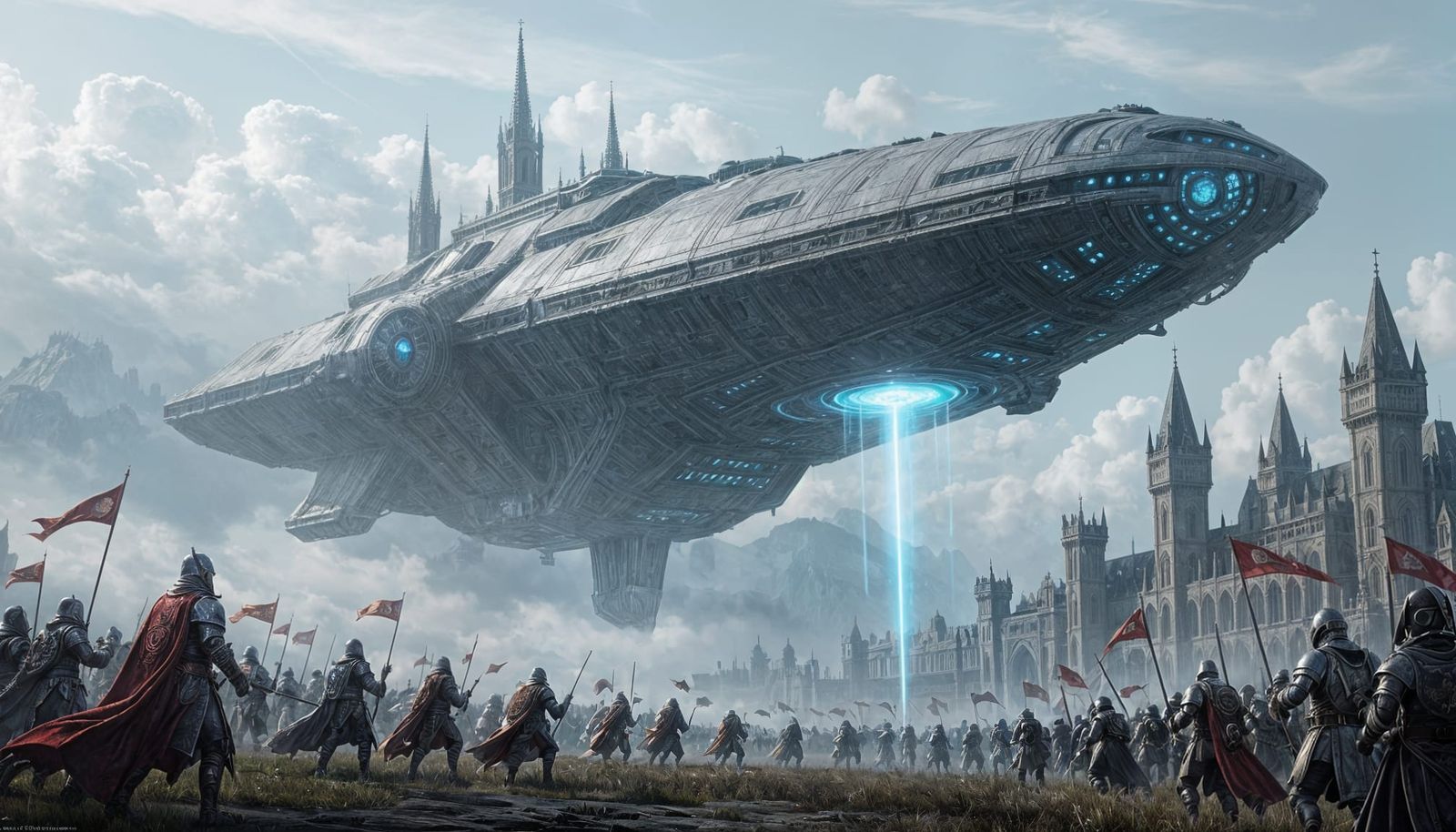 Ancient Gothic Spaceship Over Medieval Battlefield