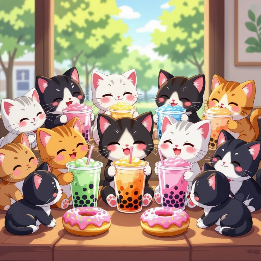 Cute Kittens Enjoying Bubble Tea and Donuts in Manga Style