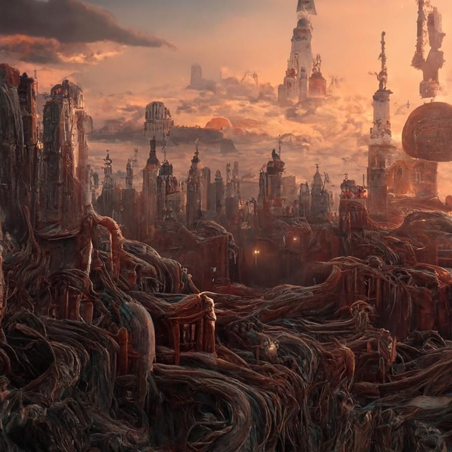 Detailed Utopian City in Kinetic Pointillism Style