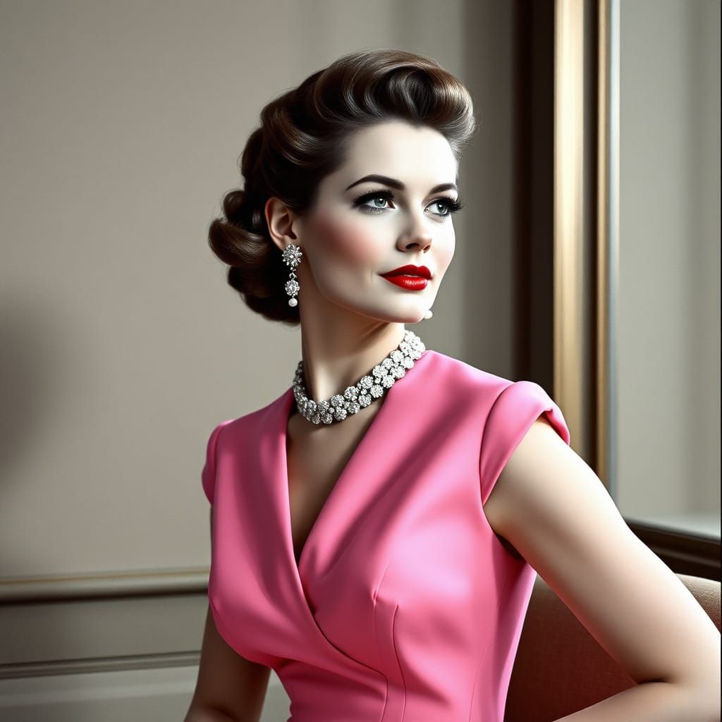 Elegant Blonde in 1950s Couture, Glamour Portrait