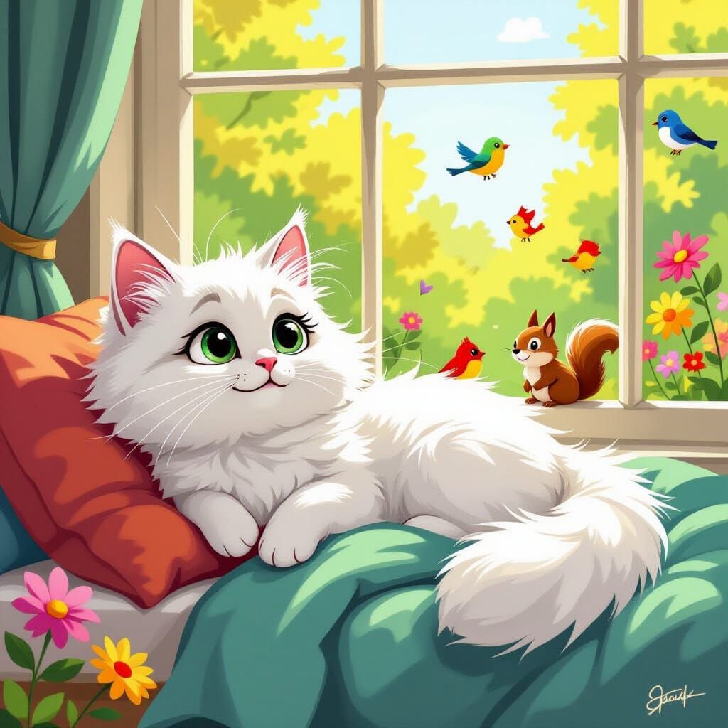 Whimsical Cat Lounging by Sunny Window