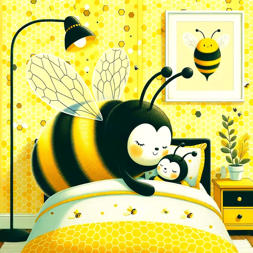 Children's story illustration.  Mother bumblebee tucks sleepy baby bumblebee into bed in a cozy bedroom, decorated in bu...