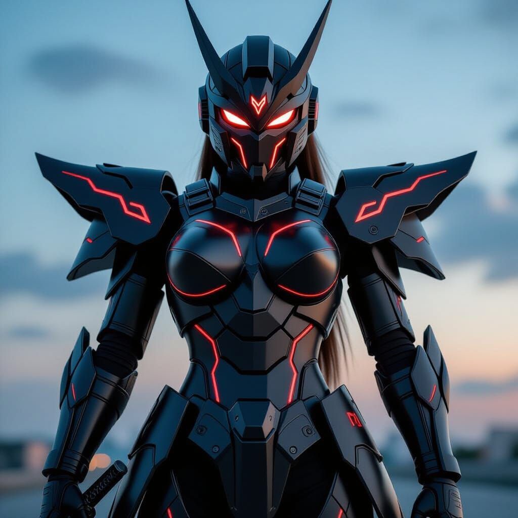 Sci-Fi Mecha Samurai in Dark Sky