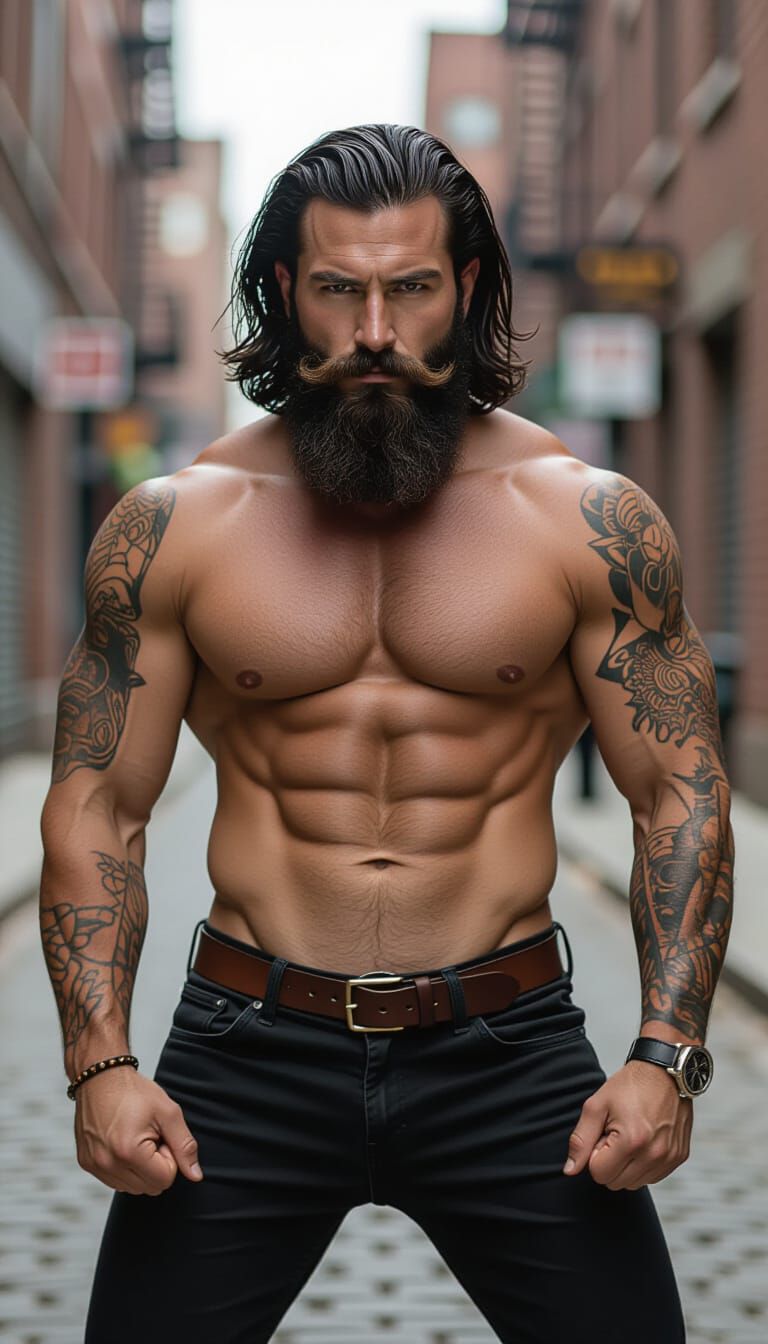 Muscular Man with Tattoos in Street Photography Style