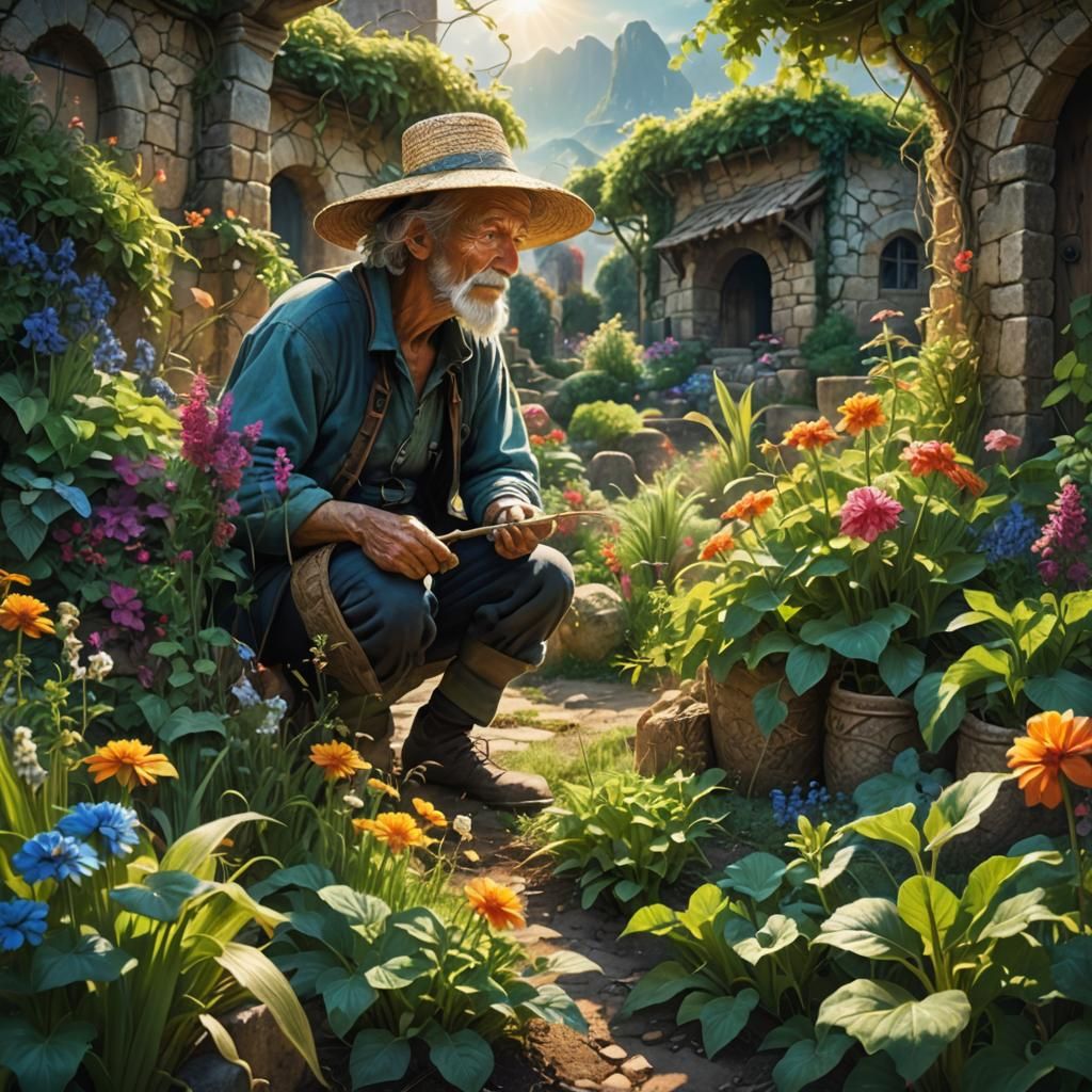 Fantasy Garden: Wise Old Man Tending to Lush Foliage