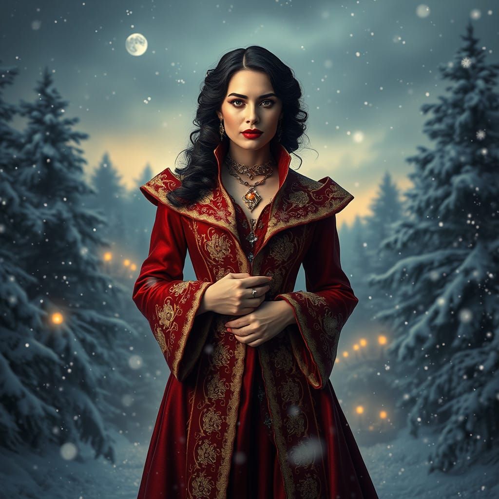 Elegant Woman Stands Proud in Snowy Winter Wonderland at Dus...