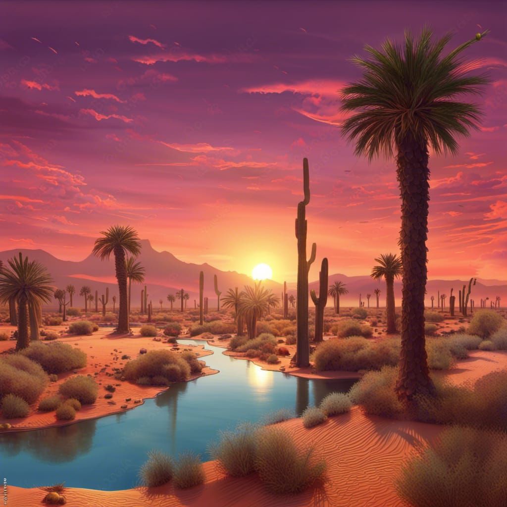 Desert Oasis Twilight: Epic Digital Art Landscape