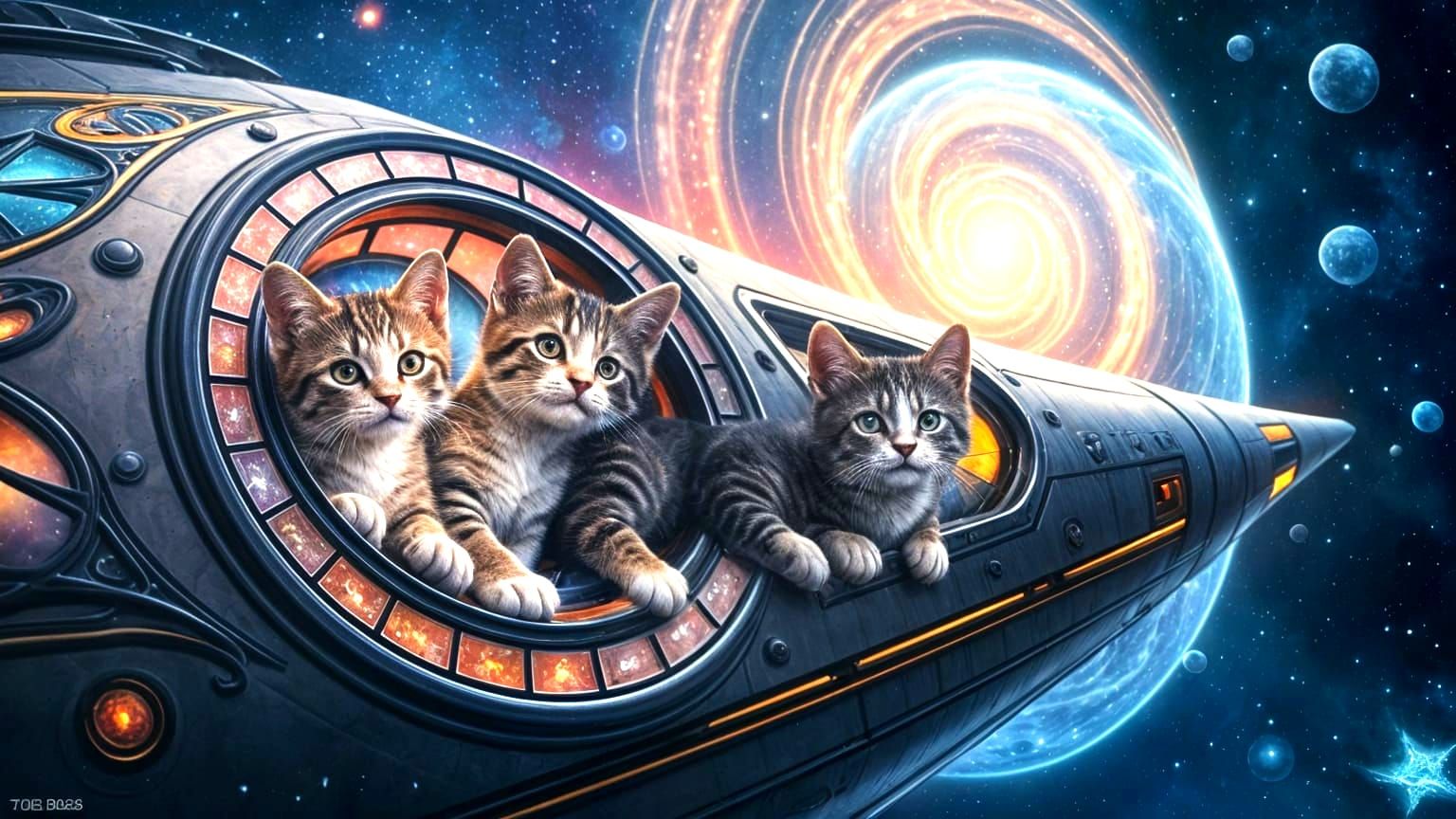 Galactic Kitten Odyssey in Art Deco Style