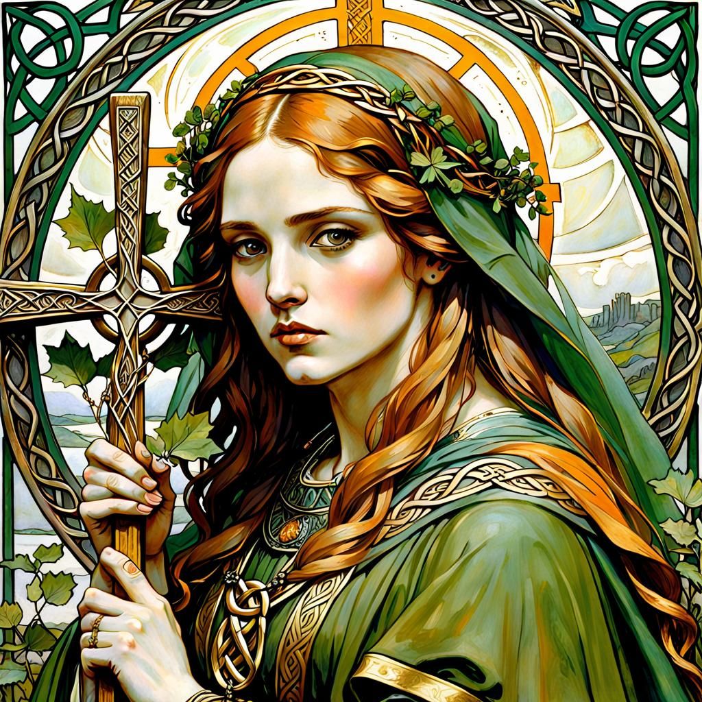 St. Brigid Portrait in Pre-Raphaelite Art Nouveau Style