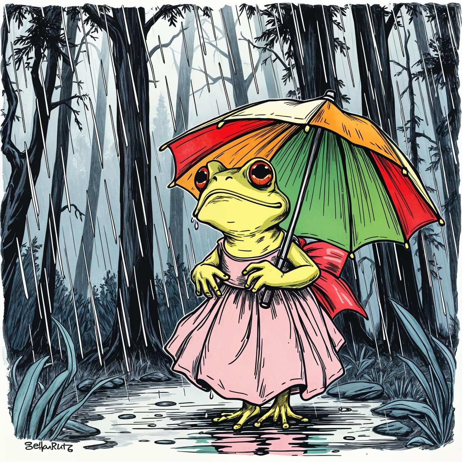 Surprised Frog in Dress Holds Umbrella in Forest Rain