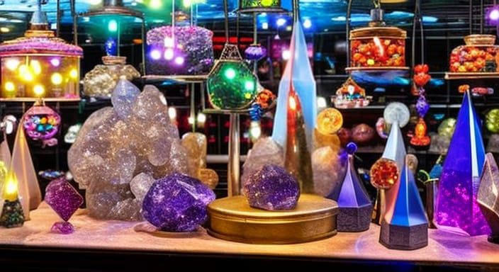 Crystal store with pan balance scales
