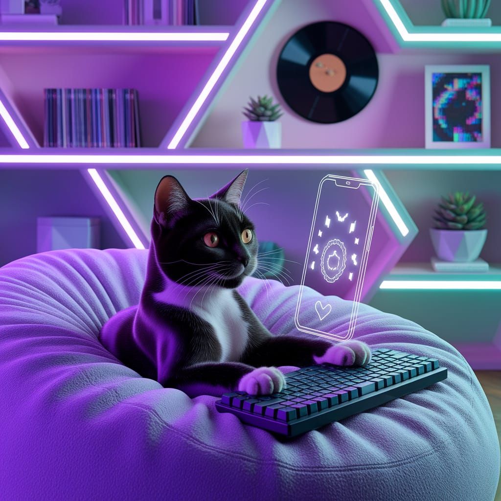 Gen Z Cat Streamer in Pastel-Neon Loft