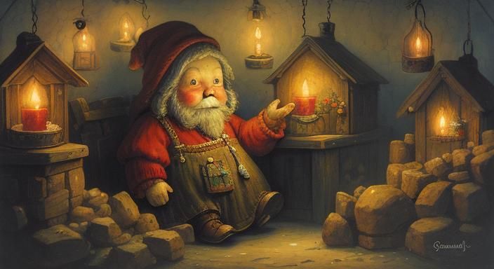 Dwarf Peddler in Cozy Cottage: Whimsical Gouache Fantasy Art