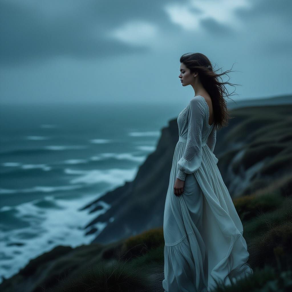Melancholic Woman Gazing at Stormy Sea