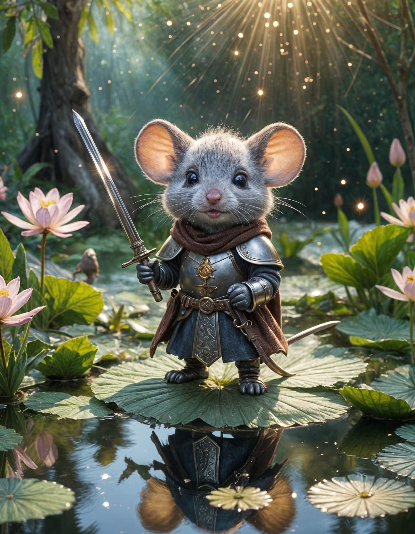 Chibi Medieval Knight Mouse in Whimsical Fantasy Scene