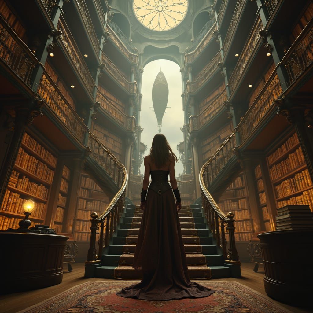 Steampunk Goddess Ascends Grand Library Staircase Amidst Zep...