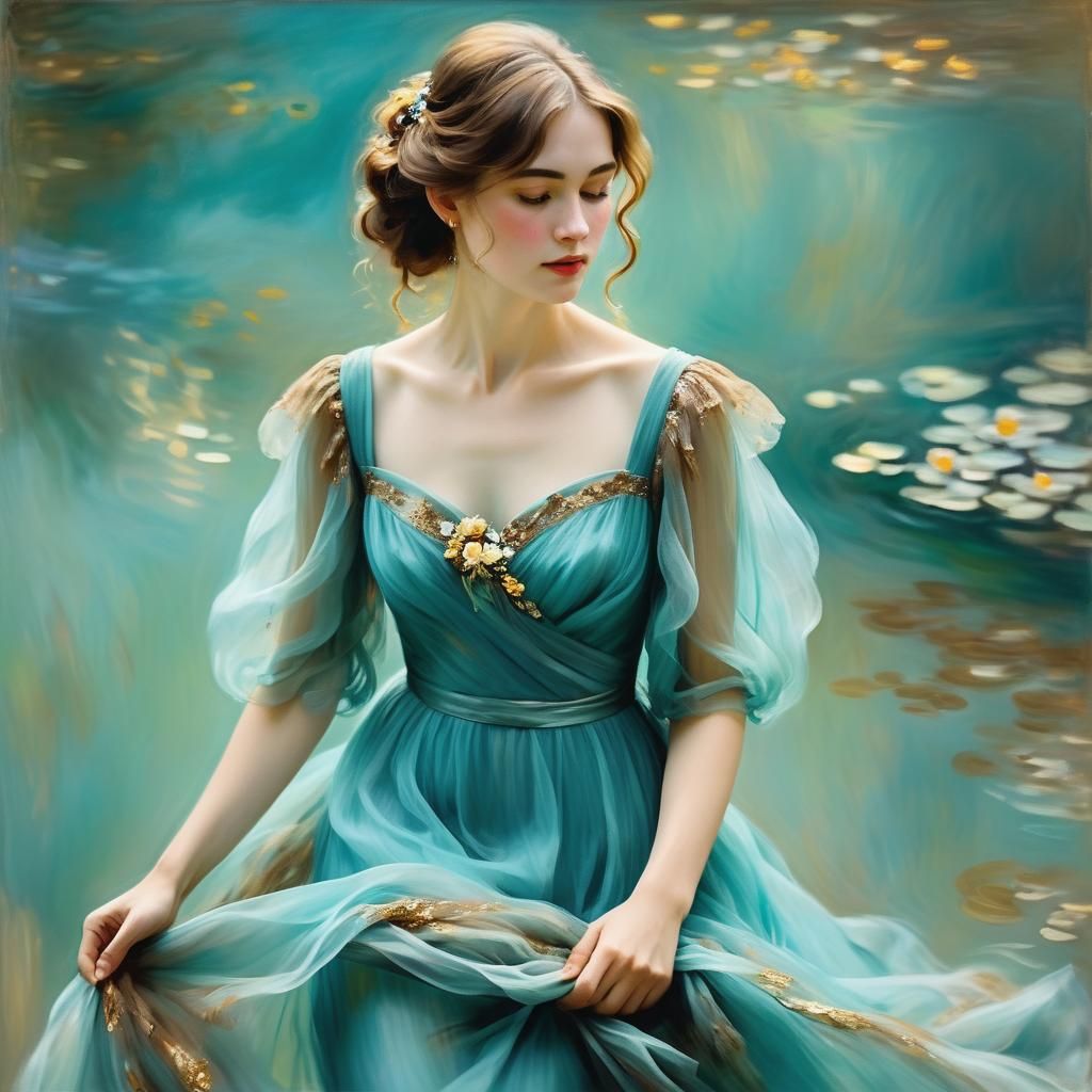 Impressionist Woman in Flowing Turquoise Gown