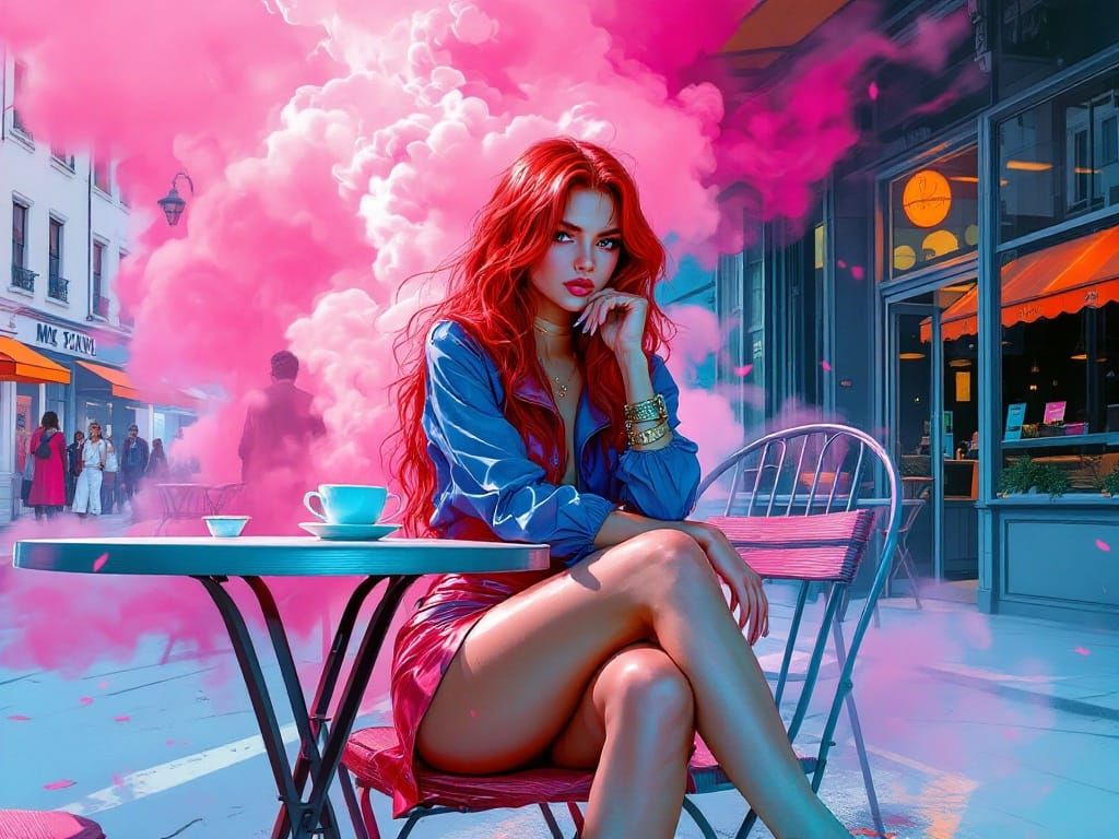 Hyper-Realistic Cyberpunk Woman in Smoky Café