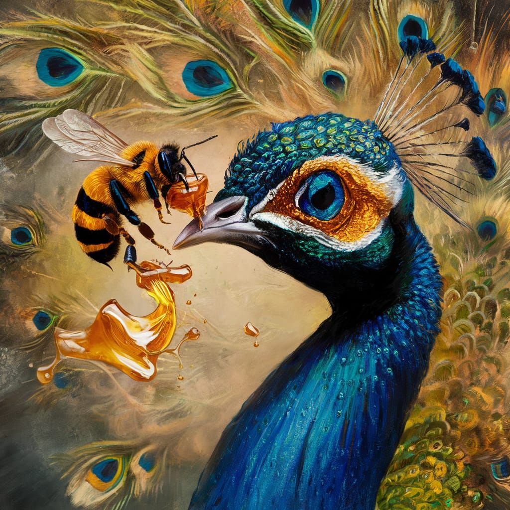 Bee Sipping Honey from Peacock Eyelid, Impasto Painting