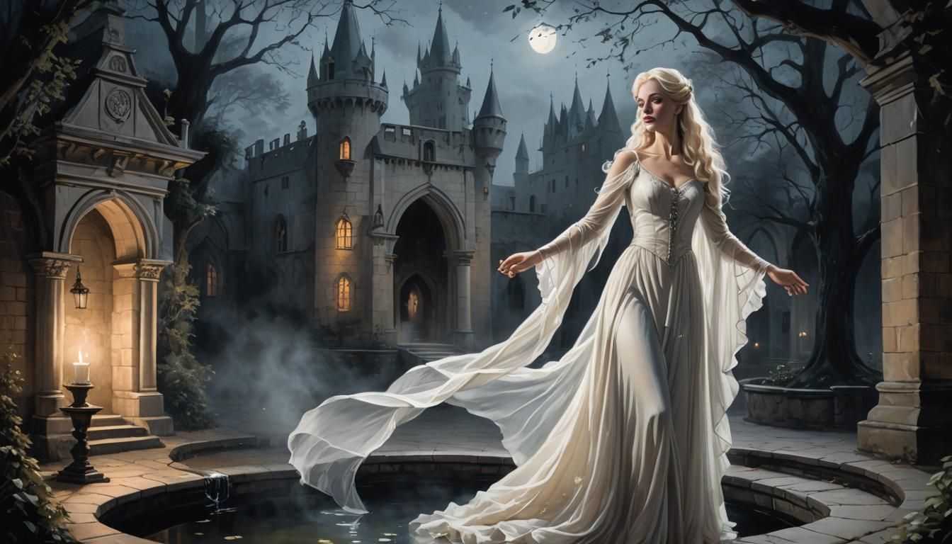 Ethereal Woman Above Wishing Well in Gothic Illustration