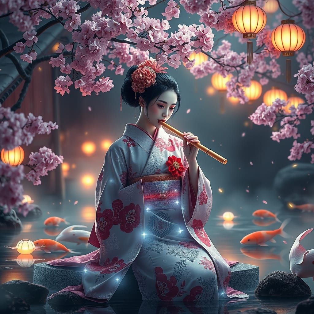 Cybernetic Geisha with Bamboo Flute in Dreamy CGI