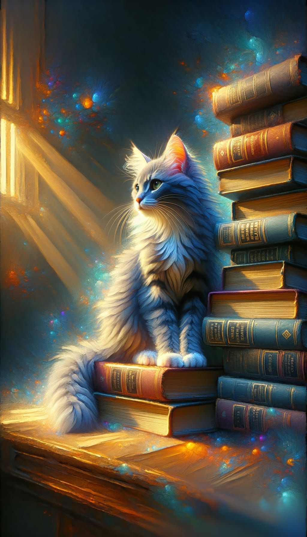 Blue Tabby Cat on Books in Gouache Style