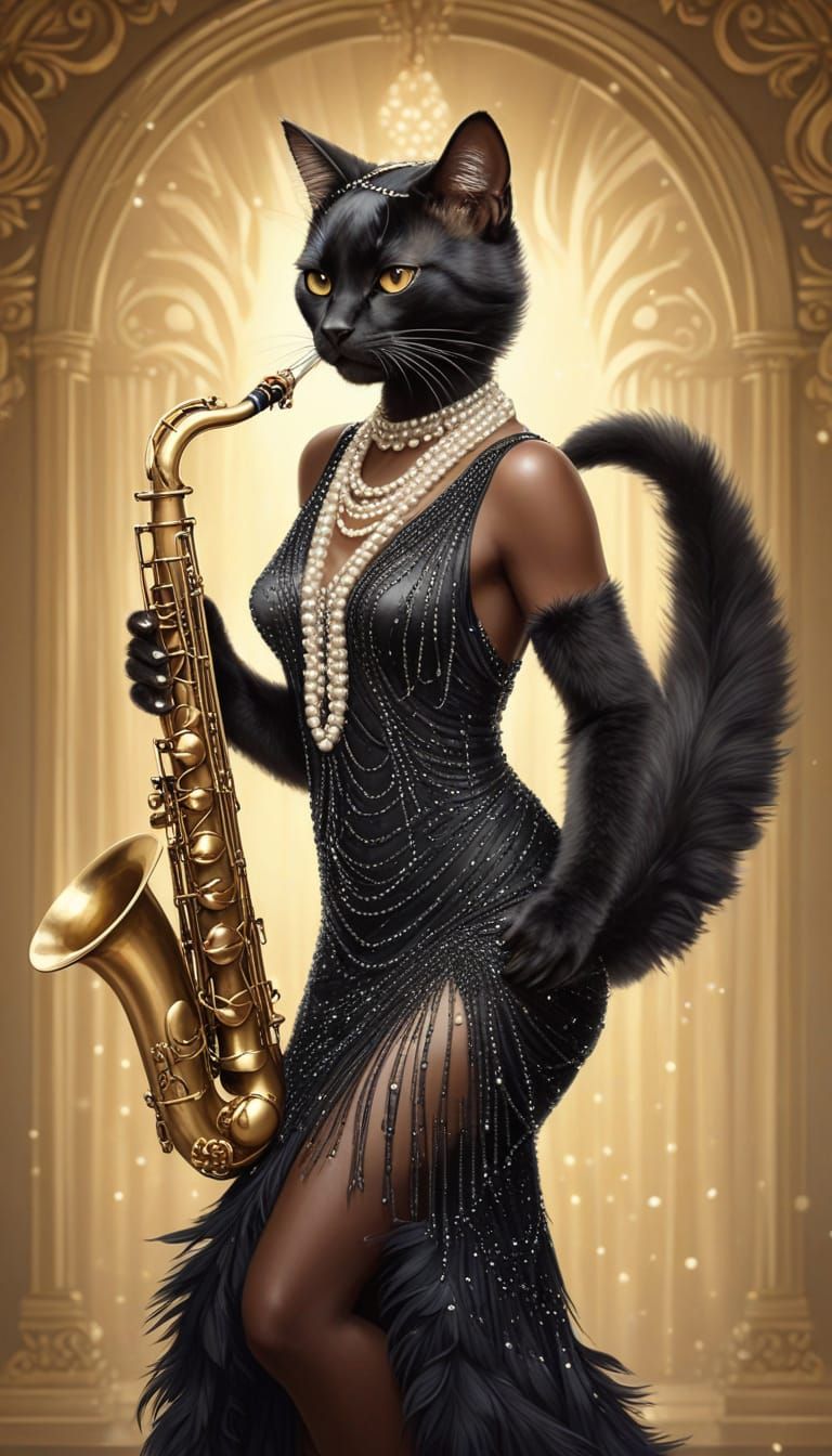 Art Deco Cat Saxophonist in Flapper Dress