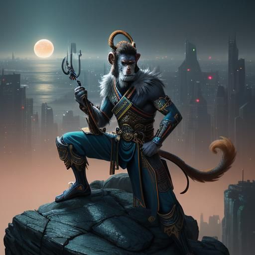 Sun Wukong in Sci-Fi Cityscape