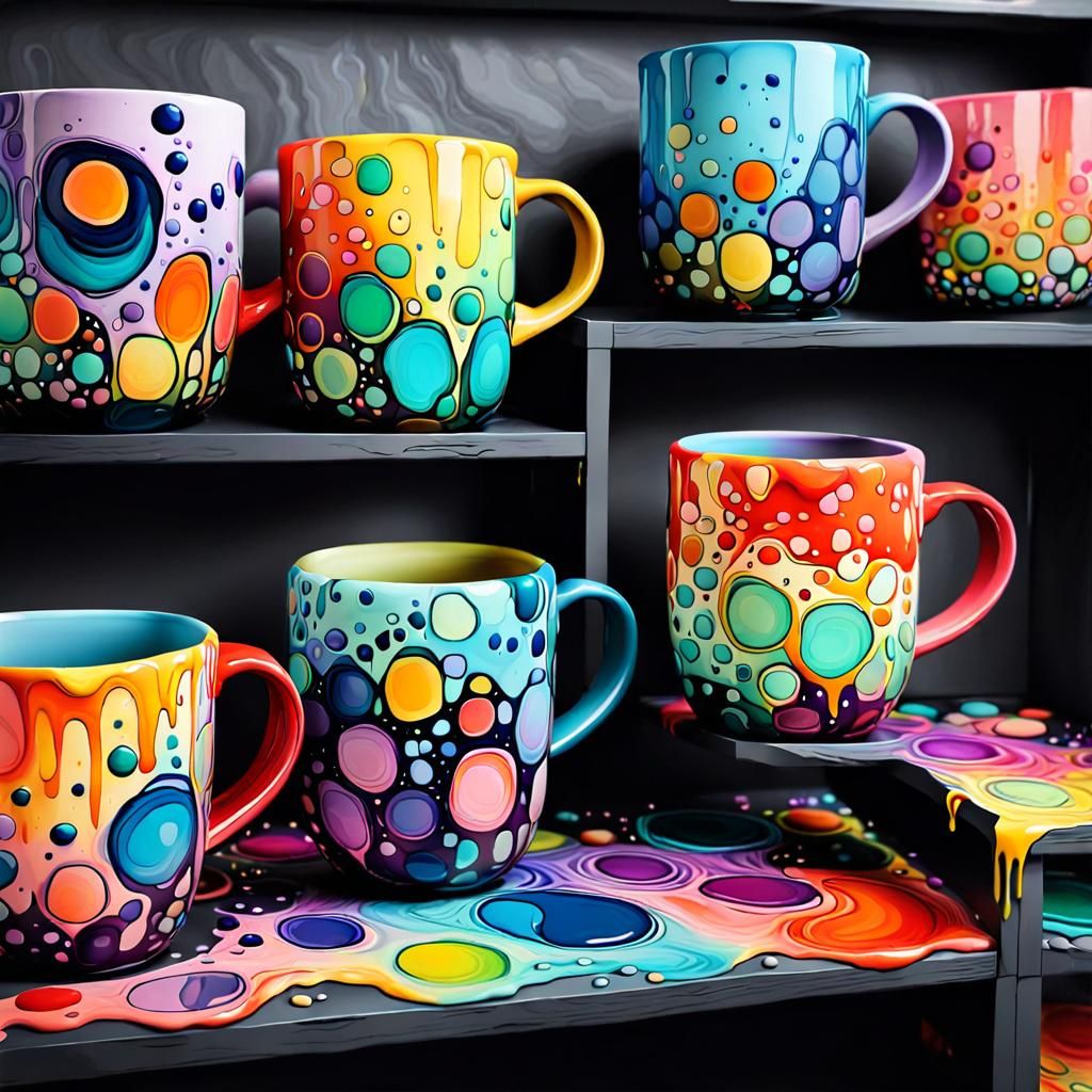 Colorful Mugs in Acrylic Paint Pouring Style